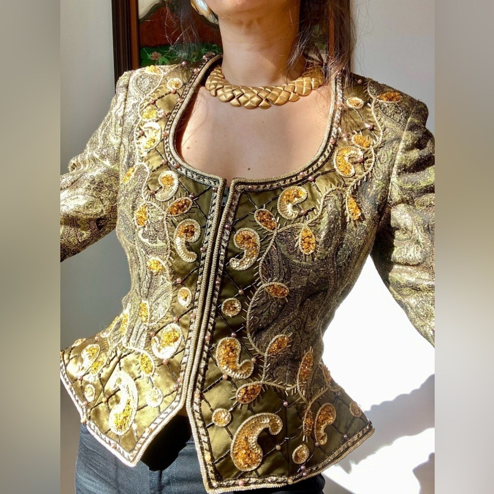 Jovani Victorian vintage NWOT Women's Paisley handmade Blazer Gold and Brown 0 - Picture 8 of 8